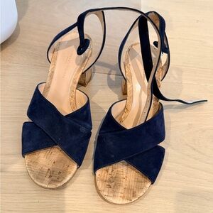Gianvito Rossi Navy Suede Cork Block Heel Sandals